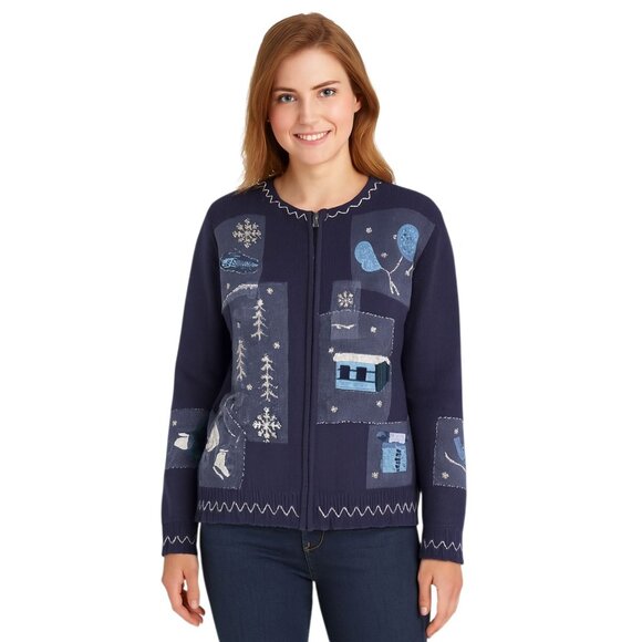 Sweater Holiday Lodge North Crest Cardigan Knit Snowman Winter Woman's WOMEN'S L - Picture 1 of 12